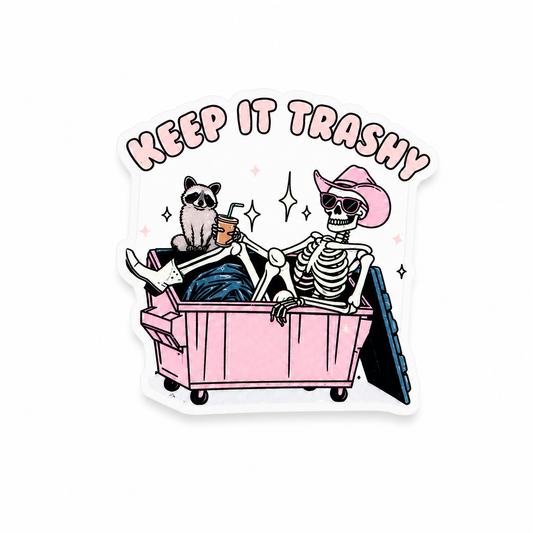KEEP IT TRASHY plastic add-on featuring a skeleton in a pink cowboy hat sitting in a dumpster with a raccoon and coffee cup, compatible with interchangeable badge reel bases