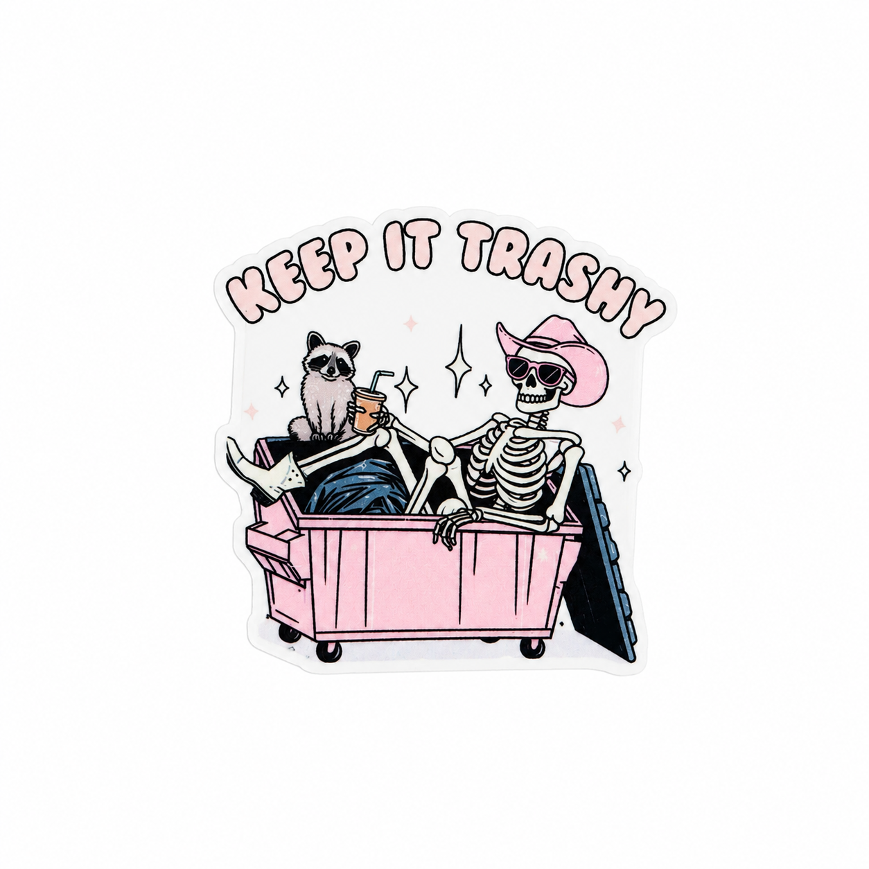 KEEP IT TRASHY plastic add-on featuring a skeleton in a pink cowboy hat sitting in a dumpster with a raccoon and coffee cup, compatible with interchangeable badge reel bases