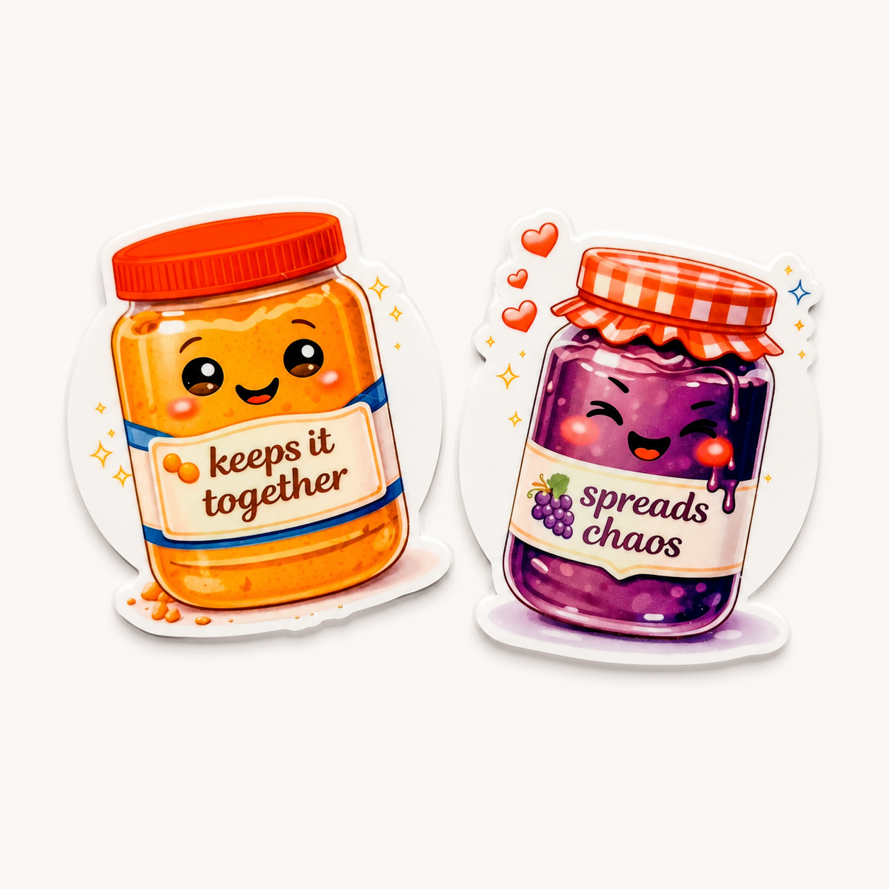 Cute peanut butter and jelly themed plastic add-on set featuring “keeps it together” and “spreads chaos” designs