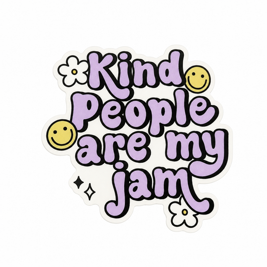 Kind People are my jam plastic add-on with purple lettering, smiley faces, and daisies, compatible with interchangeable badge reel bases for a positive kindness accessory.