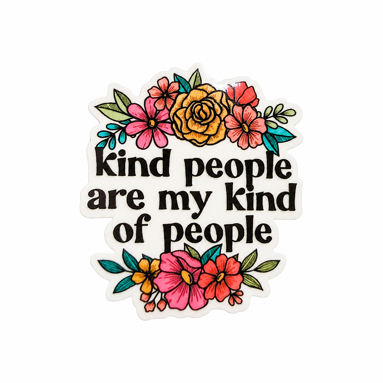 Kind People Are My Kind Of People plastic add-on with colorful floral design, compatible with interchangeable badge reel bases as a positive vibes accessory.
