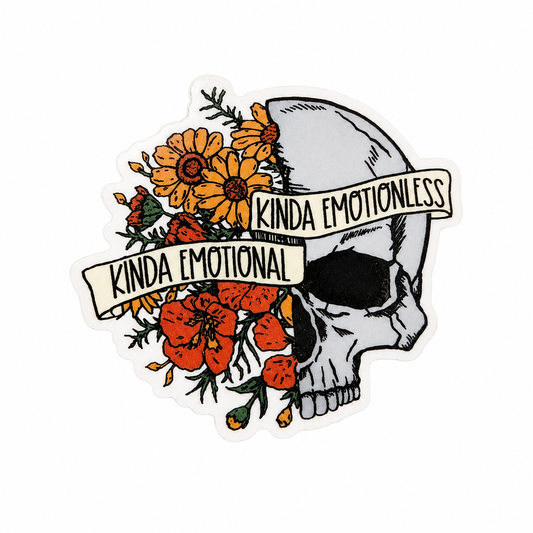 Kinda Emotional Kinda Emotionless plastic add-on featuring a floral skull design, compatible with interchangeable badge reel bases.