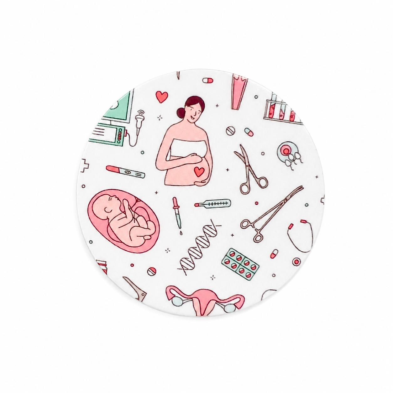 OB labor and delivery hard board add-on featuring a pregnant mother, fetus, uterus, DNA, syringes, medication, and medical tools, compatible with interchangeable badge reel bases.
