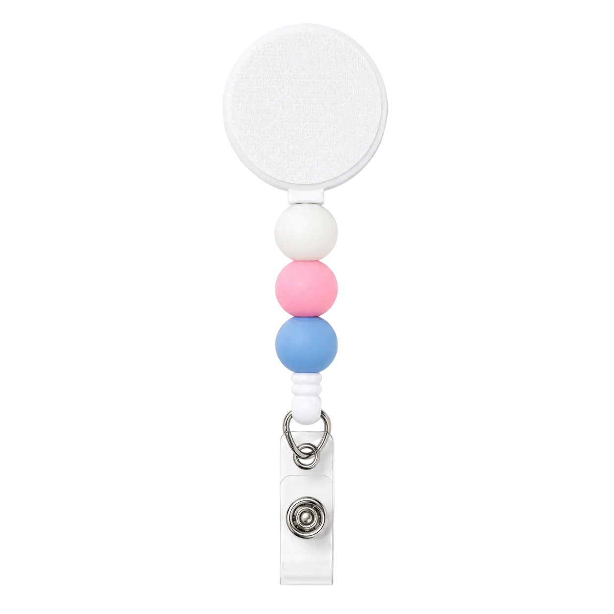 Labor & Delivery interchangeable badge reel featuring white, pink, and blue silicone beads. Beaded retractable badge reel for NICU nurses, OB nurses, postpartum nurses, and healthcare professionals.