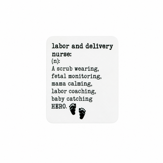 Labor and Delivery Nurse Hero plastic add-on featuring baby footprints and nurse definition text, compatible with interchangeable badge reel bases and perfect for L&D nurses.