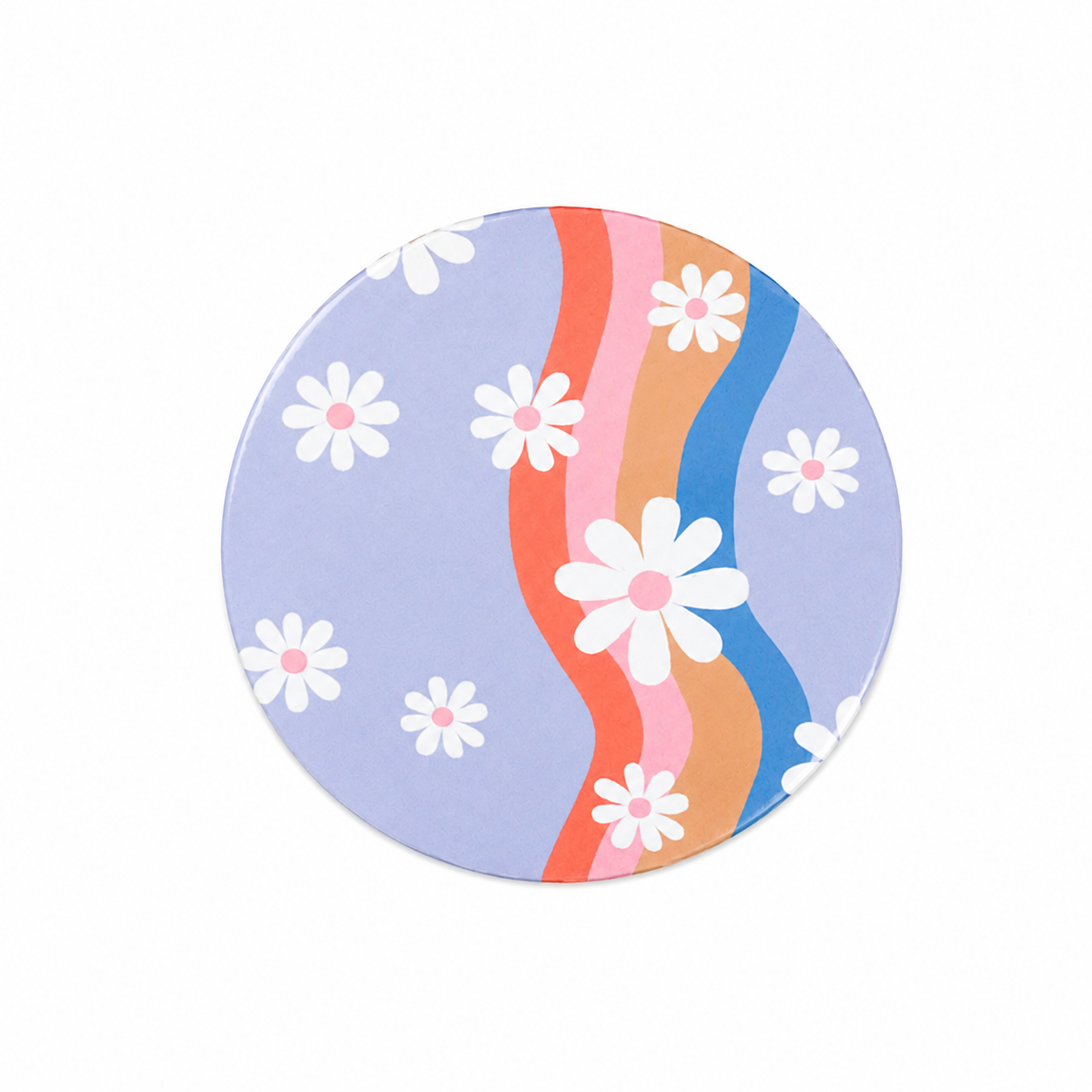 Lavender Daisy Floral hard board add-on featuring white daisies and coral, pink, tan, and blue wavy stripes on lavender, compatible with interchangeable badge reel bases.
