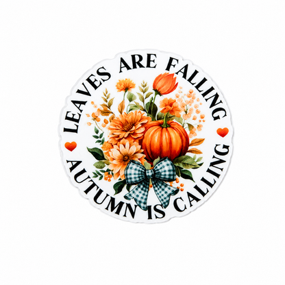 Leaves Are Falling Autumn Is Calling plastic add-on featuring pumpkins, autumn flowers, leaves, hearts, and a gingham bow compatible with interchangeable badge reel bases