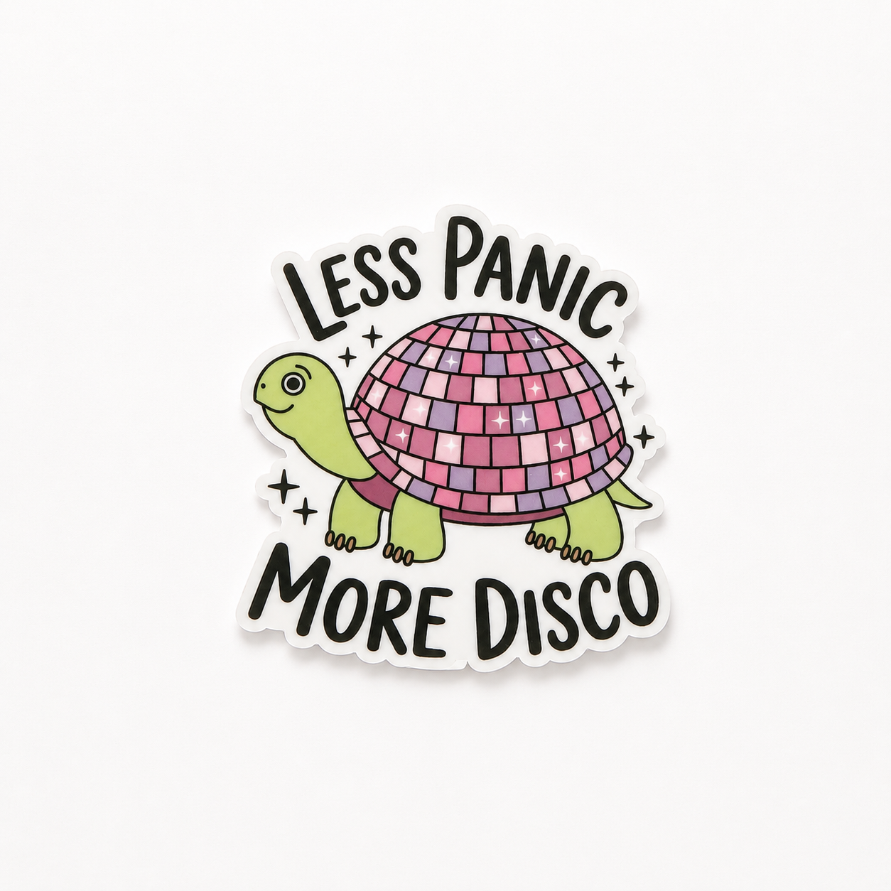 Less Panic More Disco turtle plastic add-on with retro disco shell design for compatible interchangeable badge reel bases, funny healthcare worker accessory with playful aesthetic