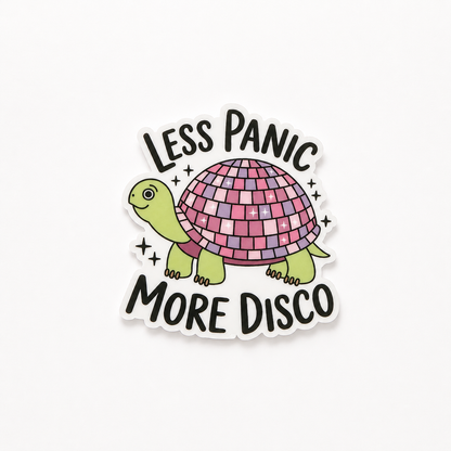 Less Panic More Disco turtle plastic add-on with retro disco shell design for compatible interchangeable badge reel bases, funny healthcare worker accessory with playful aesthetic