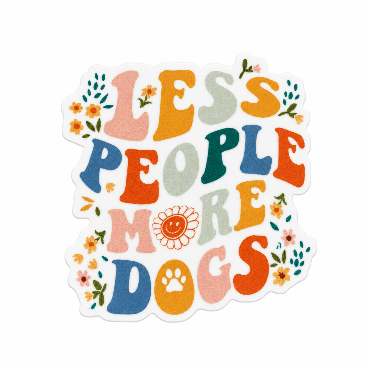 Less People More Dogs plastic add-on with colorful floral lettering and paw print design, compatible with interchangeable badge reel bases.