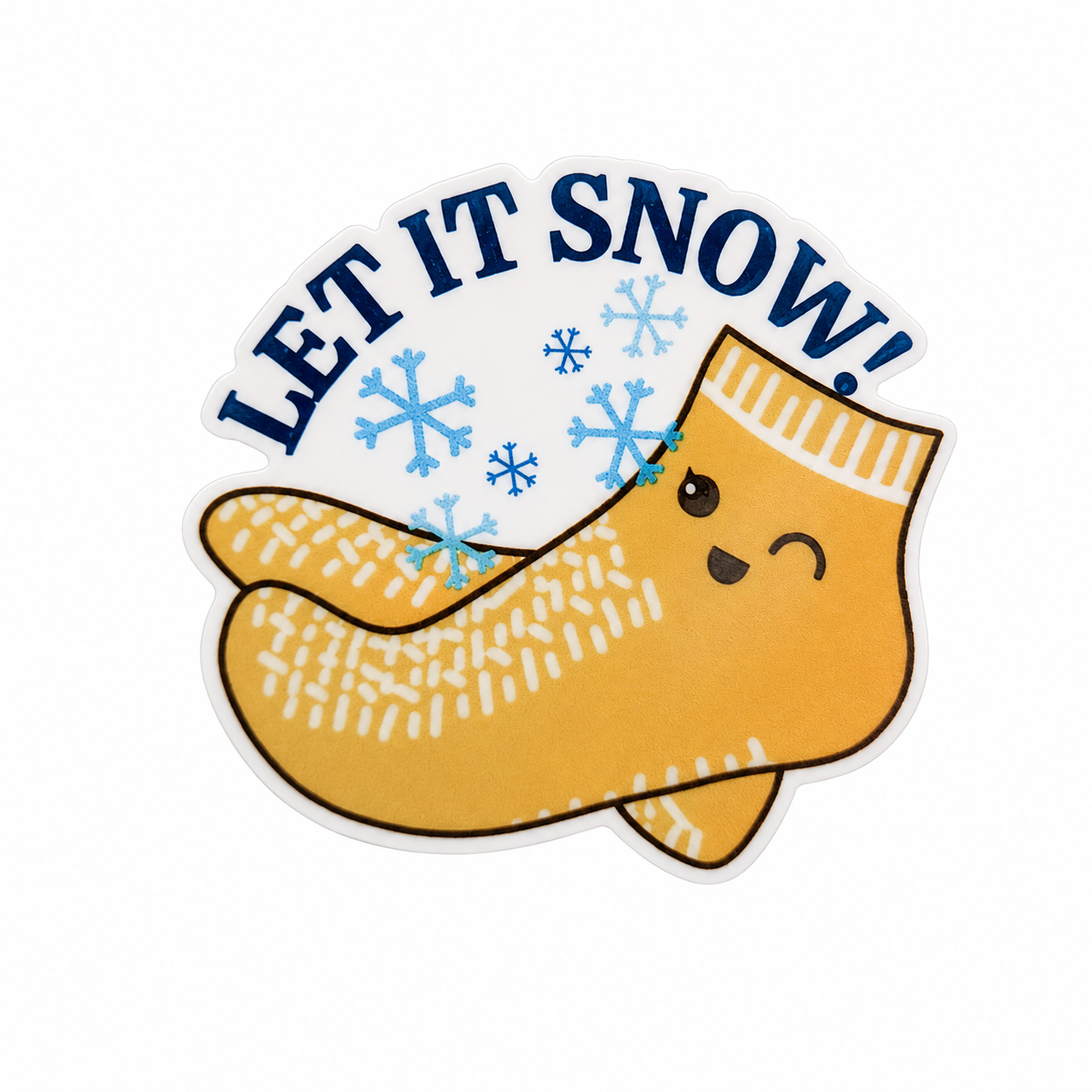 LET IT SNOW! plastic add-on with smiling compression sock and blue snowflakes, compatible with interchangeable badge reel bases.