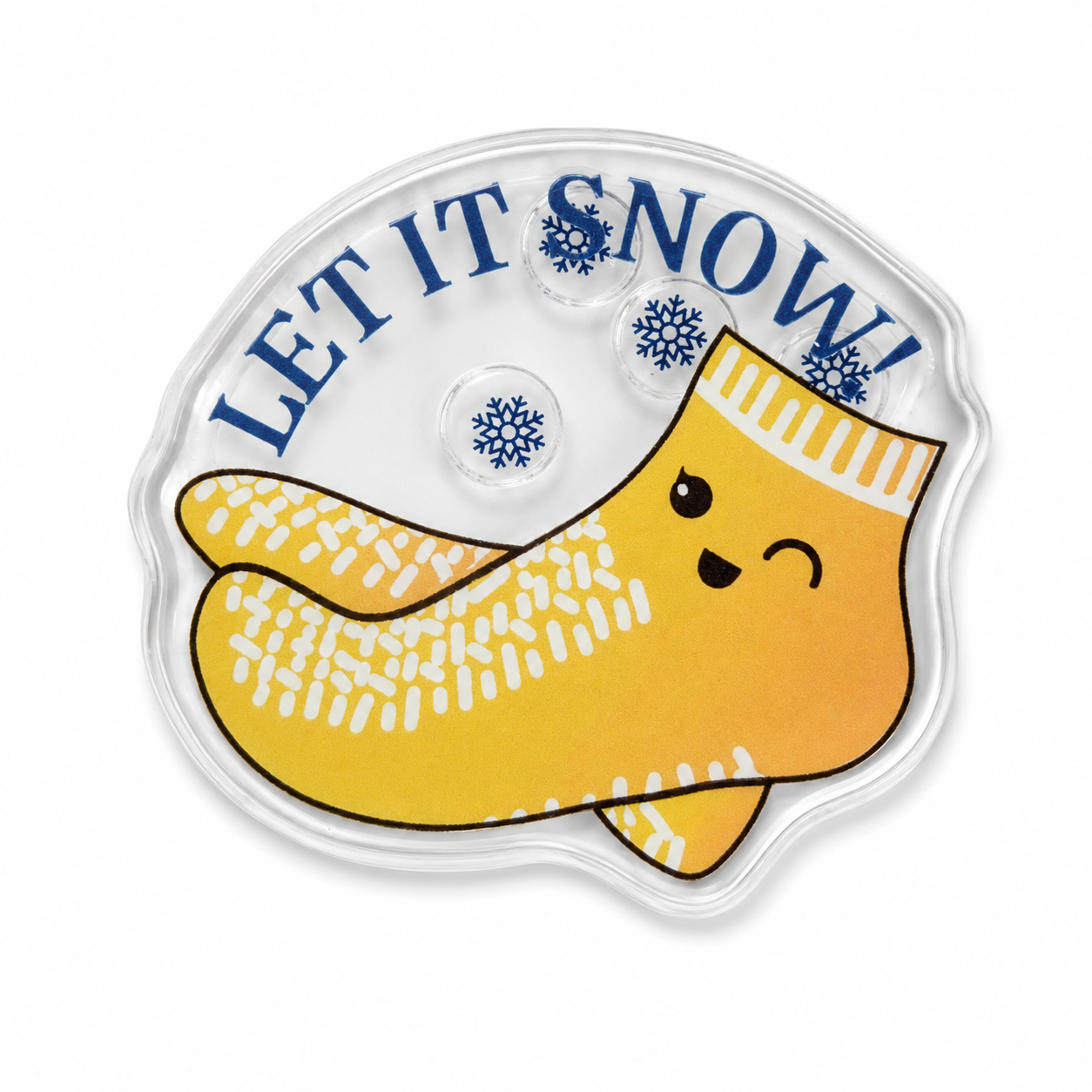 LET IT SNOW plastic shaker add-on featuring a cute smiling snowflake character with winter snow accents, compatible with interchangeable badge reel bases and perfect for Christmas and winter lovers.
