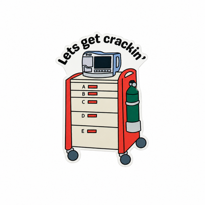 Plastic add-on featuring the text "Lets get crackin'" with an anesthesia cart, monitor, and oxygen tank, compatible with interchangeable badge reel bases and ideal for anesthesia providers.