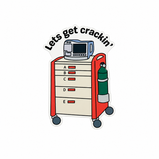 Plastic add-on featuring the text "Lets get crackin'" with an anesthesia cart, monitor, and oxygen tank, compatible with interchangeable badge reel bases and ideal for anesthesia providers.