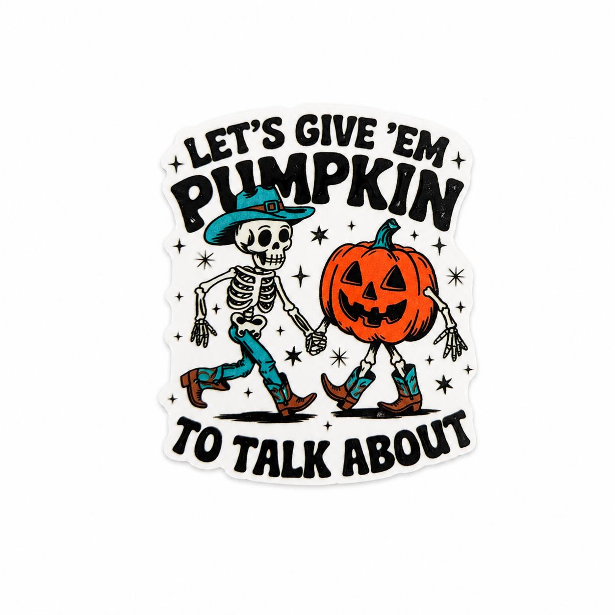 LET'S GIVE 'EM PUMPKIN TO TALK ABOUT plastic add-on featuring a skeleton and jack-o'-lantern holding hands, compatible with interchangeable badge reel bases, perfect for Halloween and fall lovers.