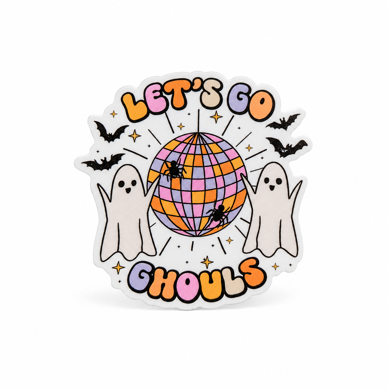 LET’S GO GHOULS Halloween plastic add-on with two cute ghosts, bats, spiders, stars, and a retro disco ball, compatible with interchangeable badge reel bases.