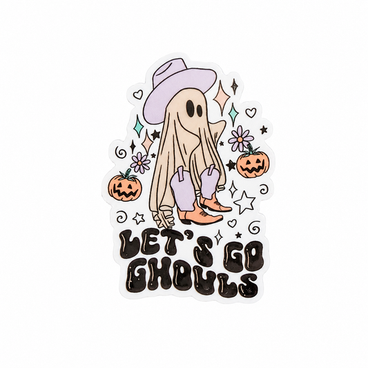LET’S GO GHOULS plastic add-on with cute ghost, pink cowboy hat, pumpkins, flowers, and stars, compatible with interchangeable badge reel bases.