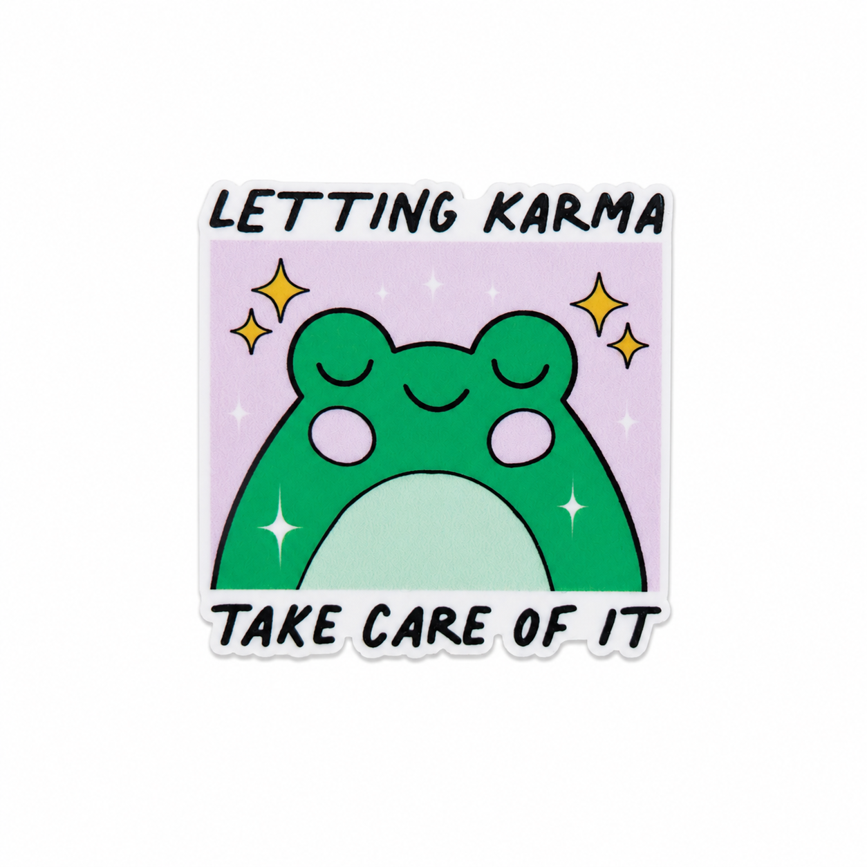 LETTING KARMA TAKE CARE OF IT plastic add-on featuring a cute green frog with sparkles, compatible with interchangeable badge reel bases, mental health accessory