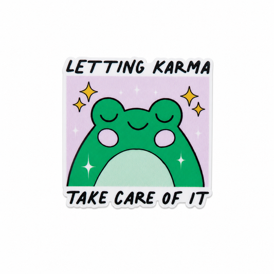 LETTING KARMA TAKE CARE OF IT plastic add-on featuring a cute green frog with sparkles, compatible with interchangeable badge reel bases, mental health accessory