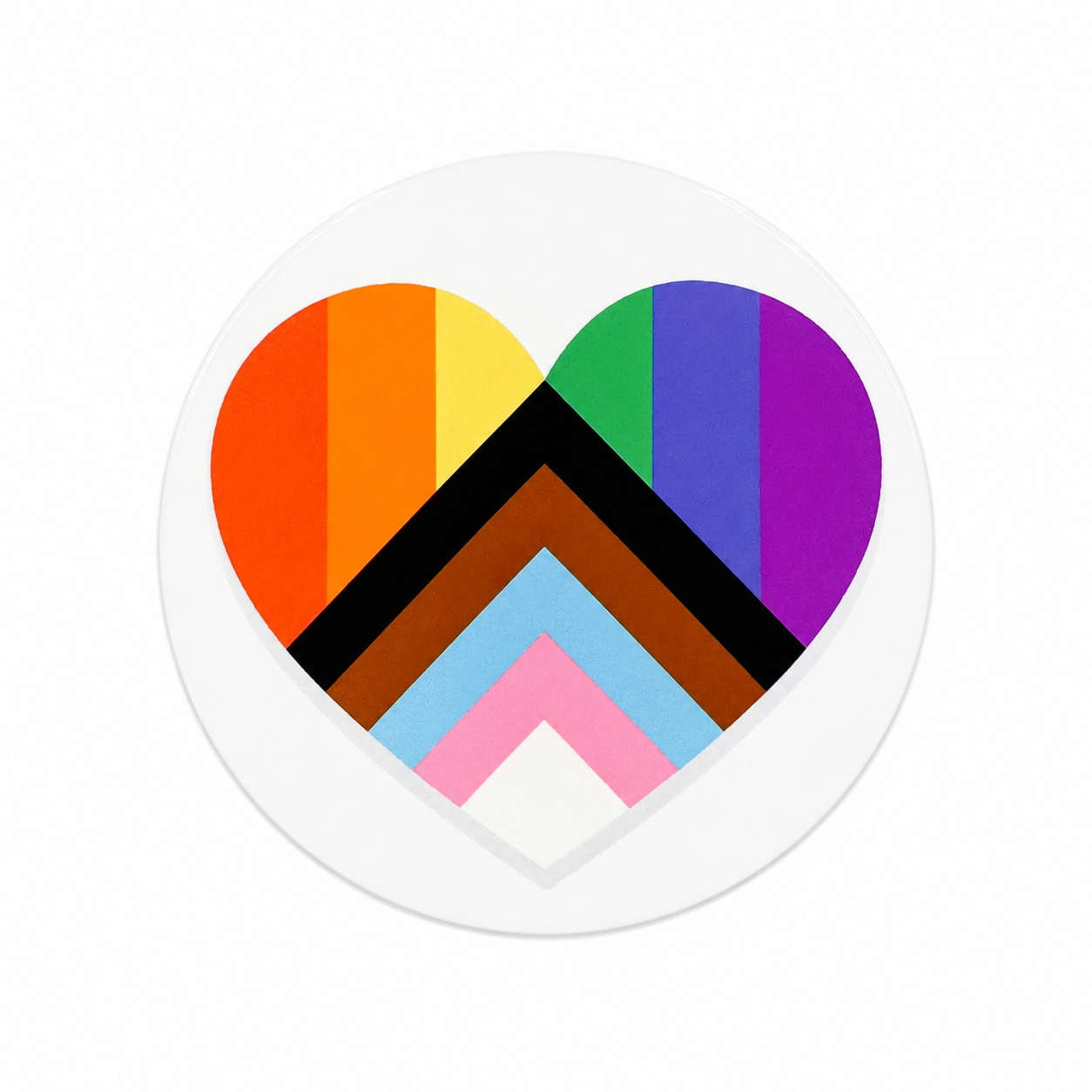 Inclusive Rainbow Heart hard board add-on featuring the rainbow Pride heart with the inclusive chevron design, compatible with interchangeable badge reel bases.