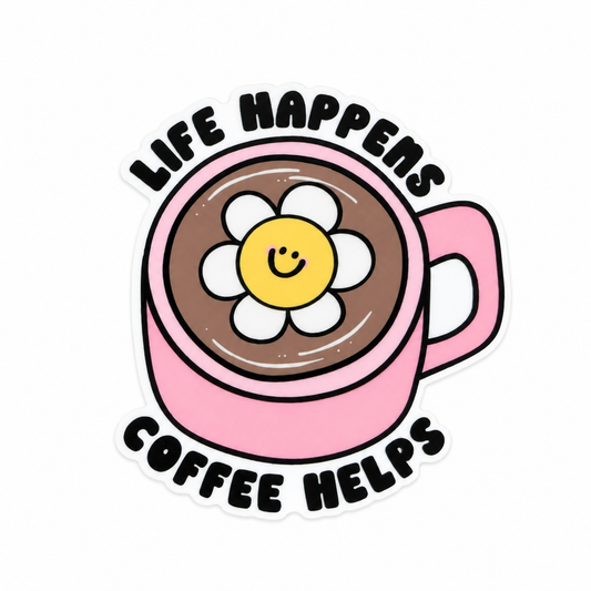 Plastic add-on featuring the phrase "Life Happens Coffee Helps" with a pink coffee mug and smiling daisy flower, compatible with interchangeable badge reel bases and perfect for coffee lovers.