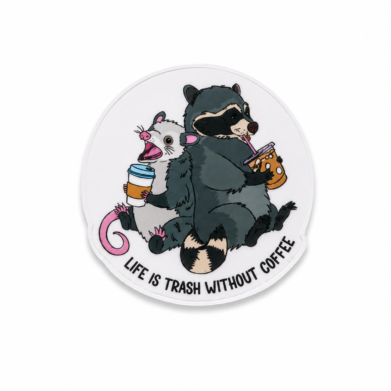 Cute raccoon and possum coffee themed plastic add-on with “Life Is Trash Without Coffee” text compatible with interchangeable badge reel bases