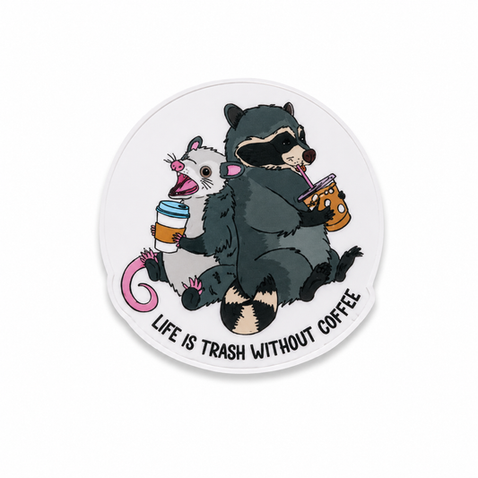 Cute raccoon and possum coffee themed plastic add-on with “Life Is Trash Without Coffee” text compatible with interchangeable badge reel bases