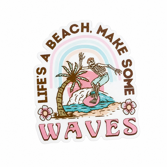 LIFE'S A BEACH, MAKE SOME WAVES plastic add-on featuring a surfing skeleton, rainbow, palm tree, ocean waves, and tropical flowers, compatible with interchangeable badge reel bases.