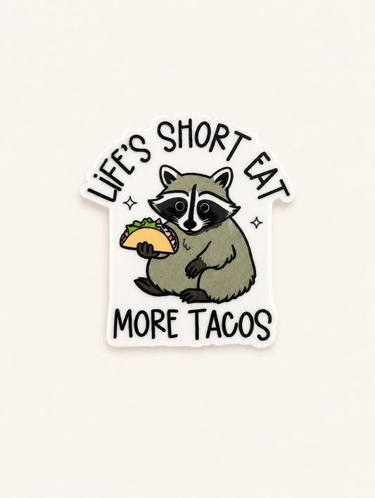 Life’s Short Eat More Tacos raccoon plastic add-on for compatible interchangeable badge reel bases
