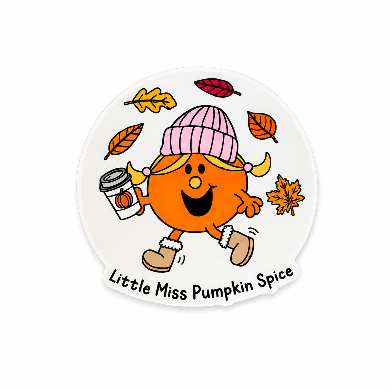 Little Miss Pumpkin Spice plastic add-on featuring cute pumpkin character with coffee and cozy fall aesthetic compatible with interchangeable badge reel bases