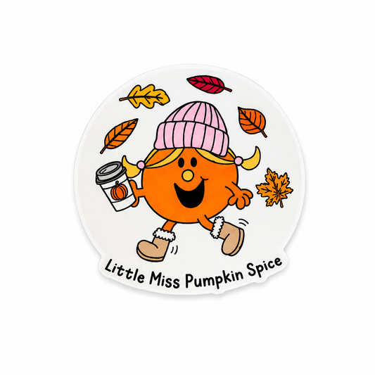 Little Miss Pumpkin Spice plastic add-on featuring cute pumpkin character with coffee and cozy fall aesthetic compatible with interchangeable badge reel bases