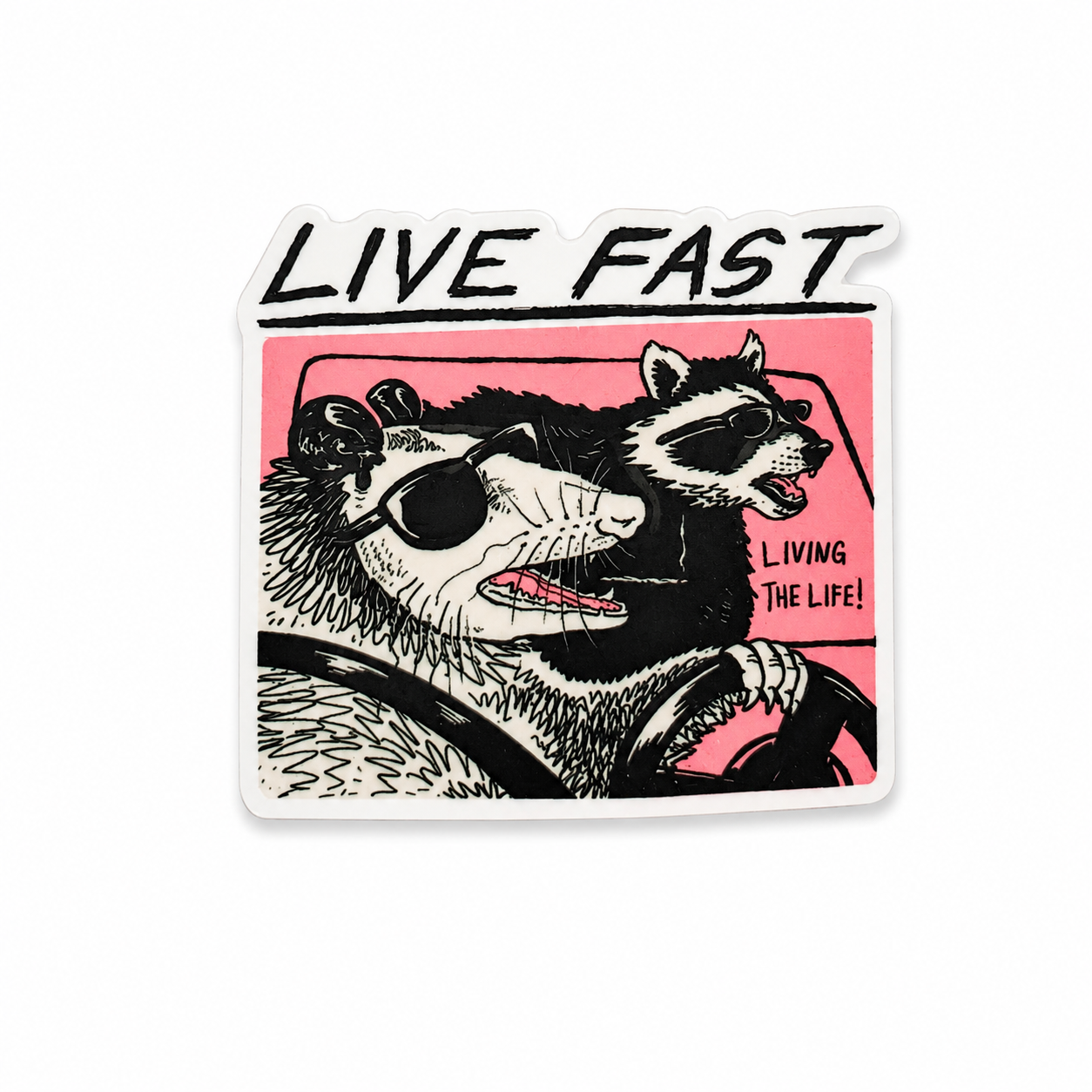 Live Fast Night Shift Crew plastic add-on for compatible interchangeable badge reel bases with funny raccoon and possum design
