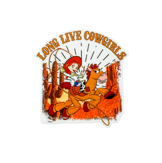 Plastic add-on featuring the text LONG LIVE COWGIRLS with a cowgirl riding a horse and swinging a lasso, compatible with interchangeable badge reel bases and perfect for western and rodeo lovers.