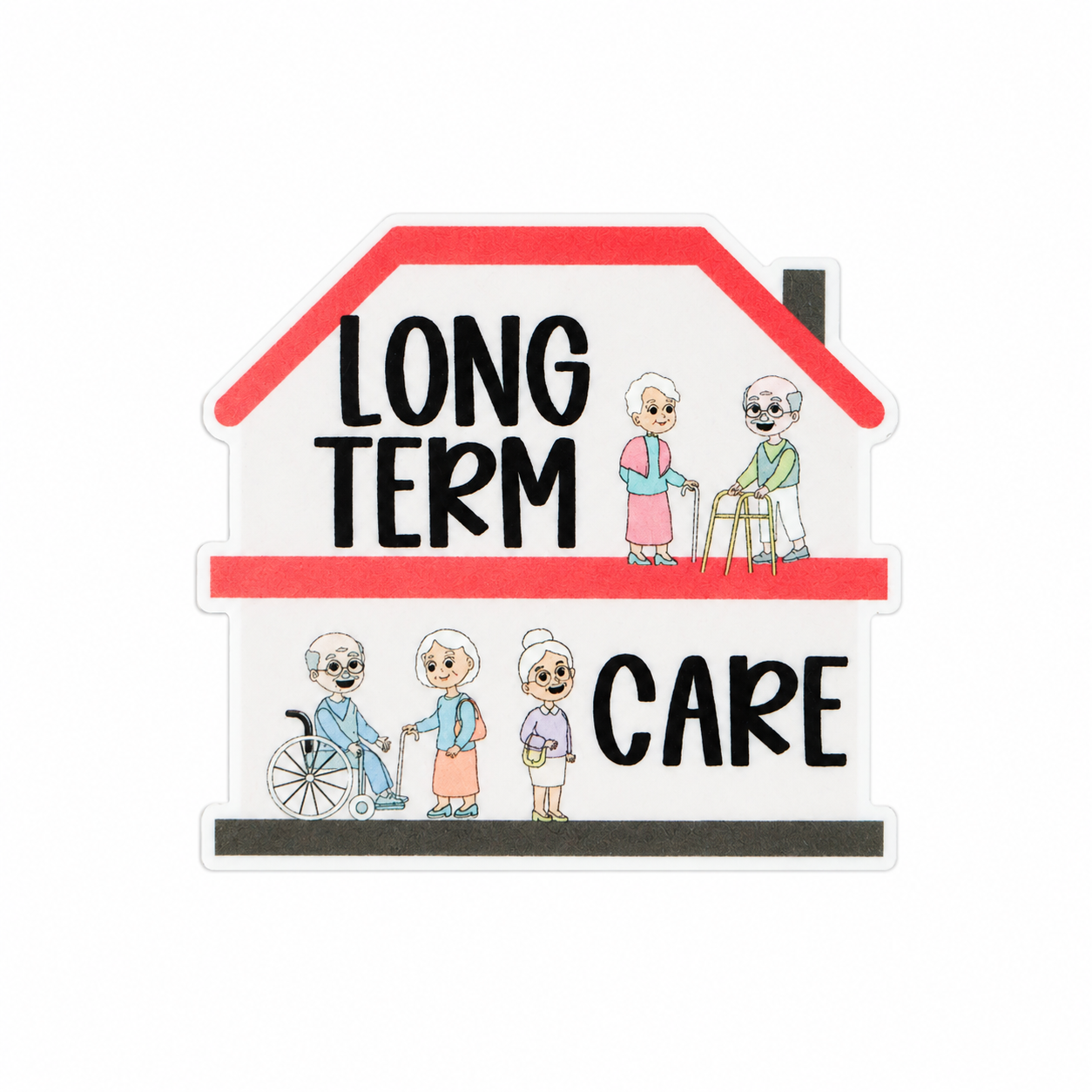 LONG TERM CARE plastic add-on featuring a care home design with elderly residents and caregivers, compatible with interchangeable badge reel bases, healthcare worker accessory