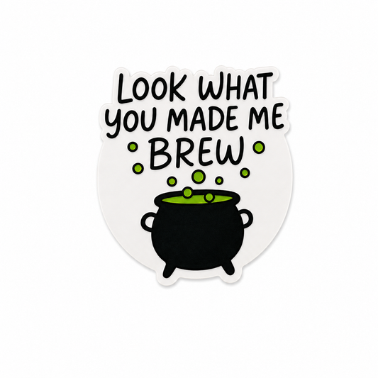 Look What You Made Me Brew plastic add-on featuring a spooky bubbling cauldron design compatible with interchangeable badge reel bases