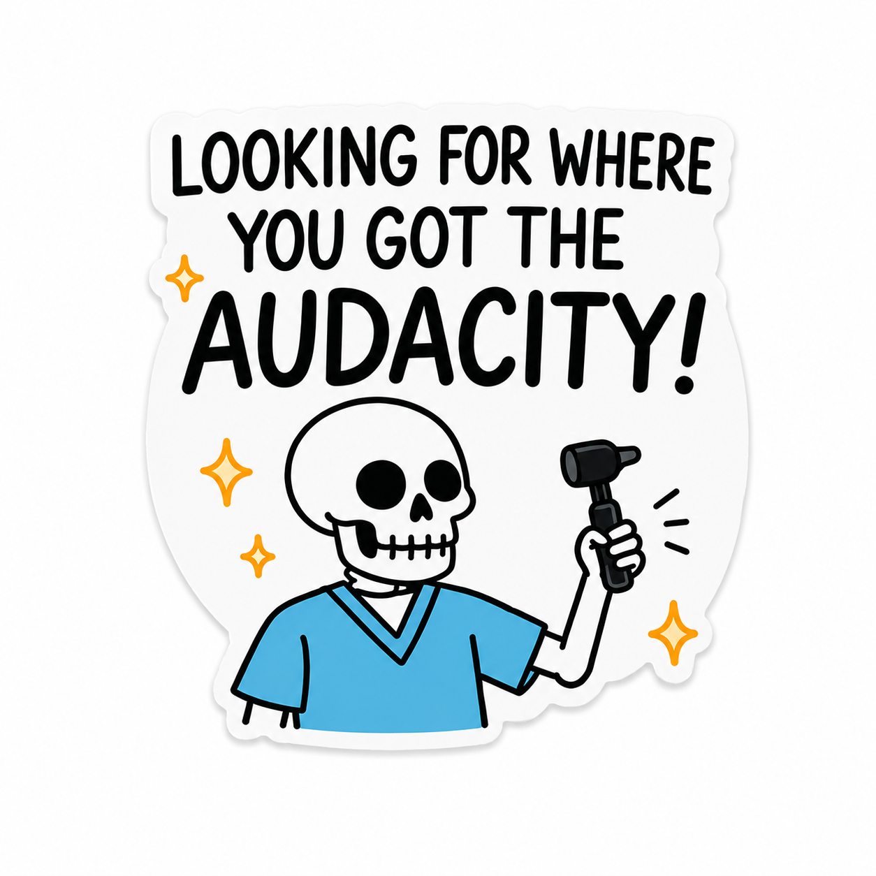 Looking for Where You Got the Audacity plastic add-on featuring a funny skeleton in scrubs holding an otoscope for compatible interchangeable badge reel bases
