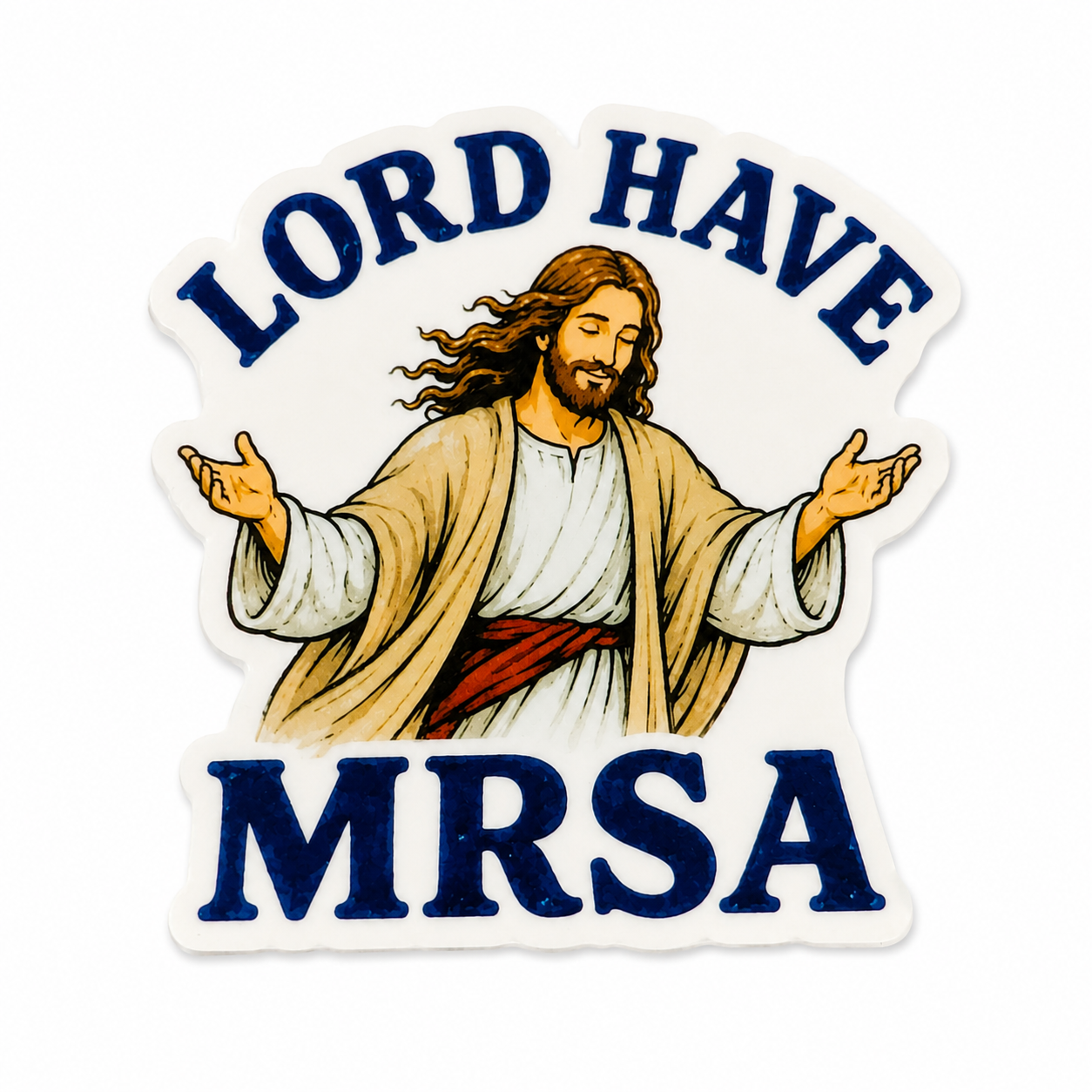 Lord Have MRSA plastic add-on featuring Jesus with open arms, compatible with interchangeable badge reel bases for nurses and healthcare workers.