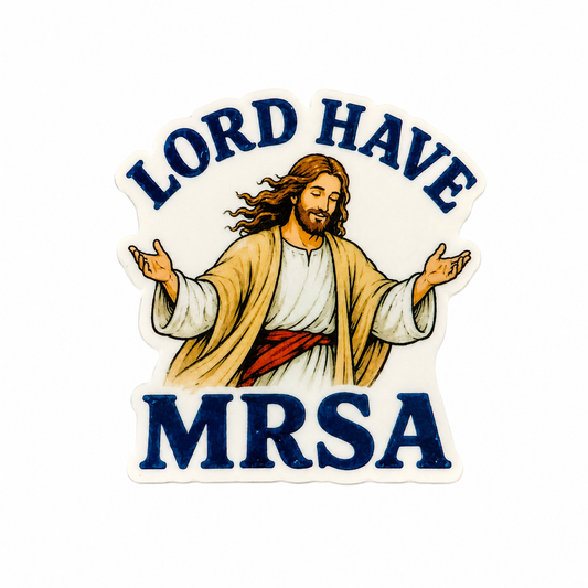 Lord Have MRSA plastic add-on featuring Jesus with open arms, compatible with interchangeable badge reel bases for nurses and healthcare workers.