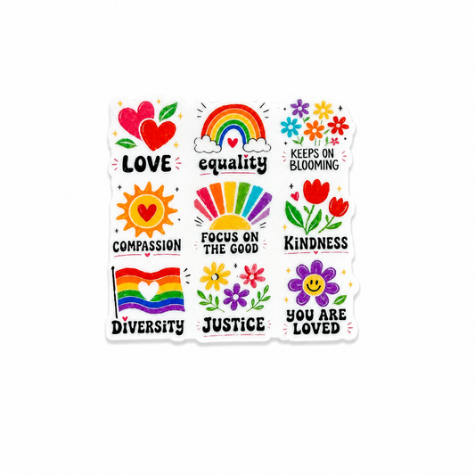 Plastic add-on featuring Love, Equality, Compassion, Focus On The Good, Kindness, Diversity, Justice, and You Are Loved with rainbow, flower, and heart designs, compatible with interchangeable badge reel bases