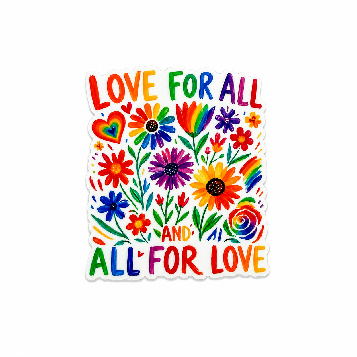 LOVE FOR ALL AND ALL FOR LOVE plastic add-on featuring colorful rainbow flowers, hearts, and Pride-inspired artwork compatible with interchangeable badge reel bases