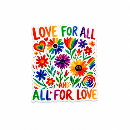 LOVE FOR ALL AND ALL FOR LOVE plastic add-on featuring colorful rainbow flowers, hearts, and Pride-inspired artwork compatible with interchangeable badge reel bases