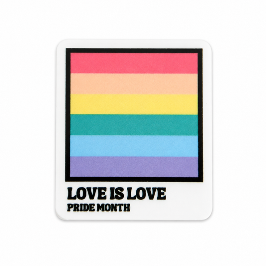Plastic add-on featuring a rainbow pride design with the text "LOVE IS LOVE PRIDE MONTH," compatible with interchangeable badge reel bases and perfect for Pride Month.