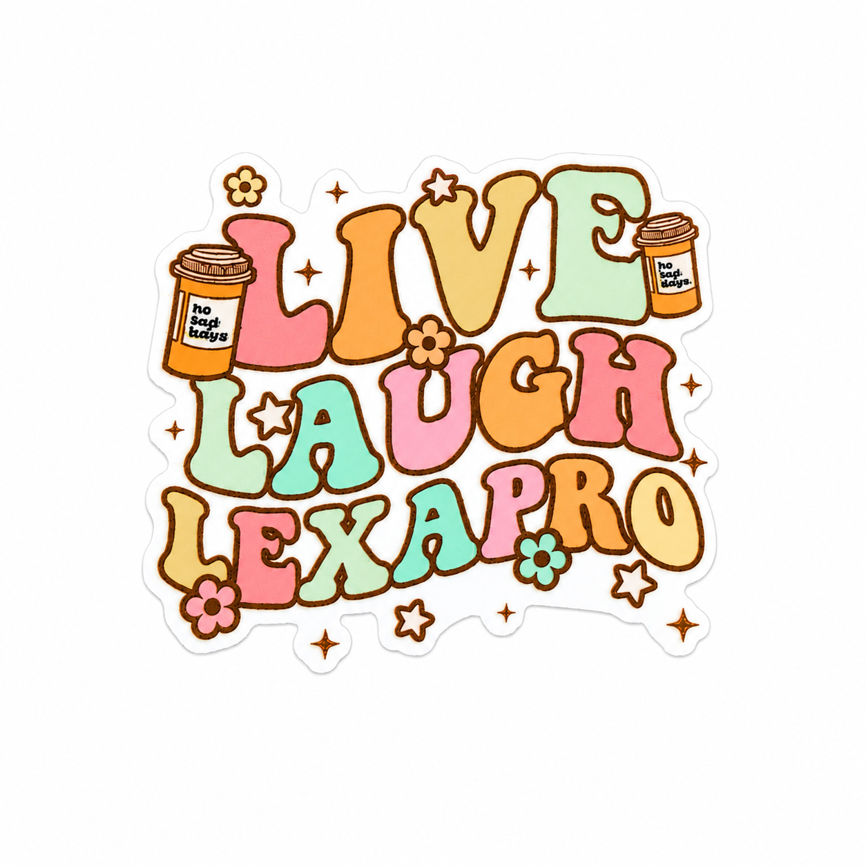 LOVE LAUGH LEXAPRO plastic add-on with retro pastel flowers and coffee cups, compatible with interchangeable badge reel bases, funny mental health work badge accessory.