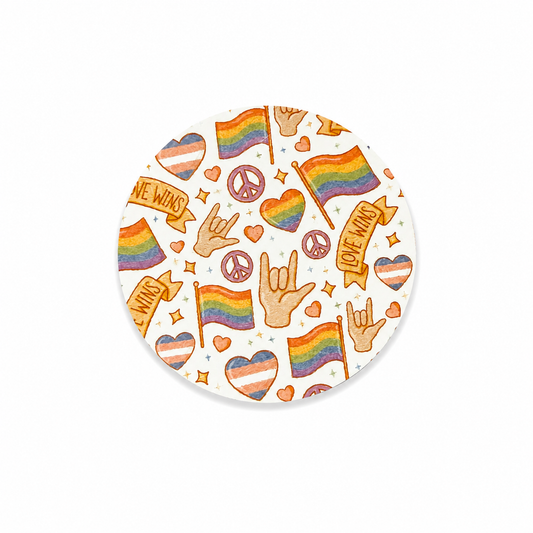 Love Wins hard board add-on featuring rainbow pride flags, trans pride hearts, peace signs, and inclusive pride-themed artwork, compatible with interchangeable badge reel bases.