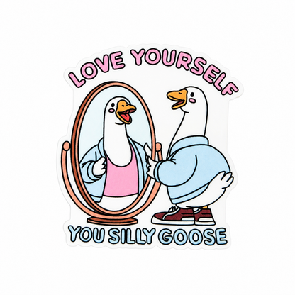 LOVE YOURSELF YOU SILLY GOOSE plastic add-on featuring a goose looking in a mirror, compatible with interchangeable badge reel bases, cute self love animal accessory