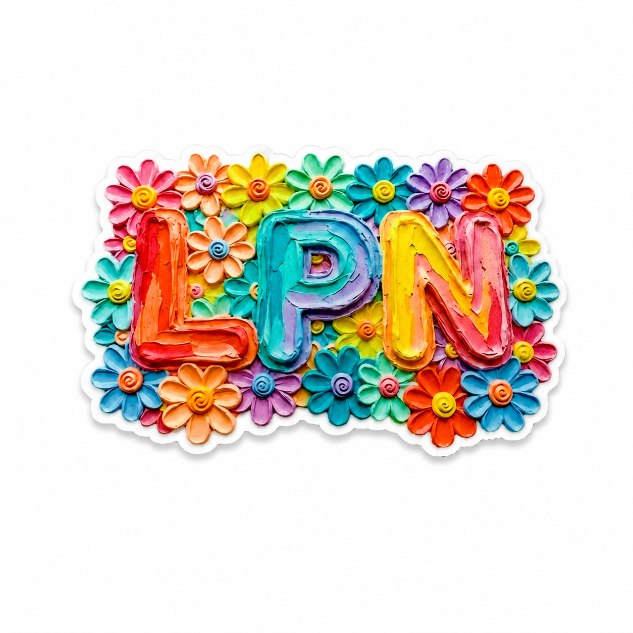 LPN plastic add-on with colorful rainbow-style lettering and vibrant flowers, compatible with interchangeable badge reel bases and ideal for licensed practical nurses.