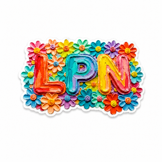 LPN plastic add-on with colorful rainbow-style lettering and vibrant flowers, compatible with interchangeable badge reel bases and ideal for licensed practical nurses.