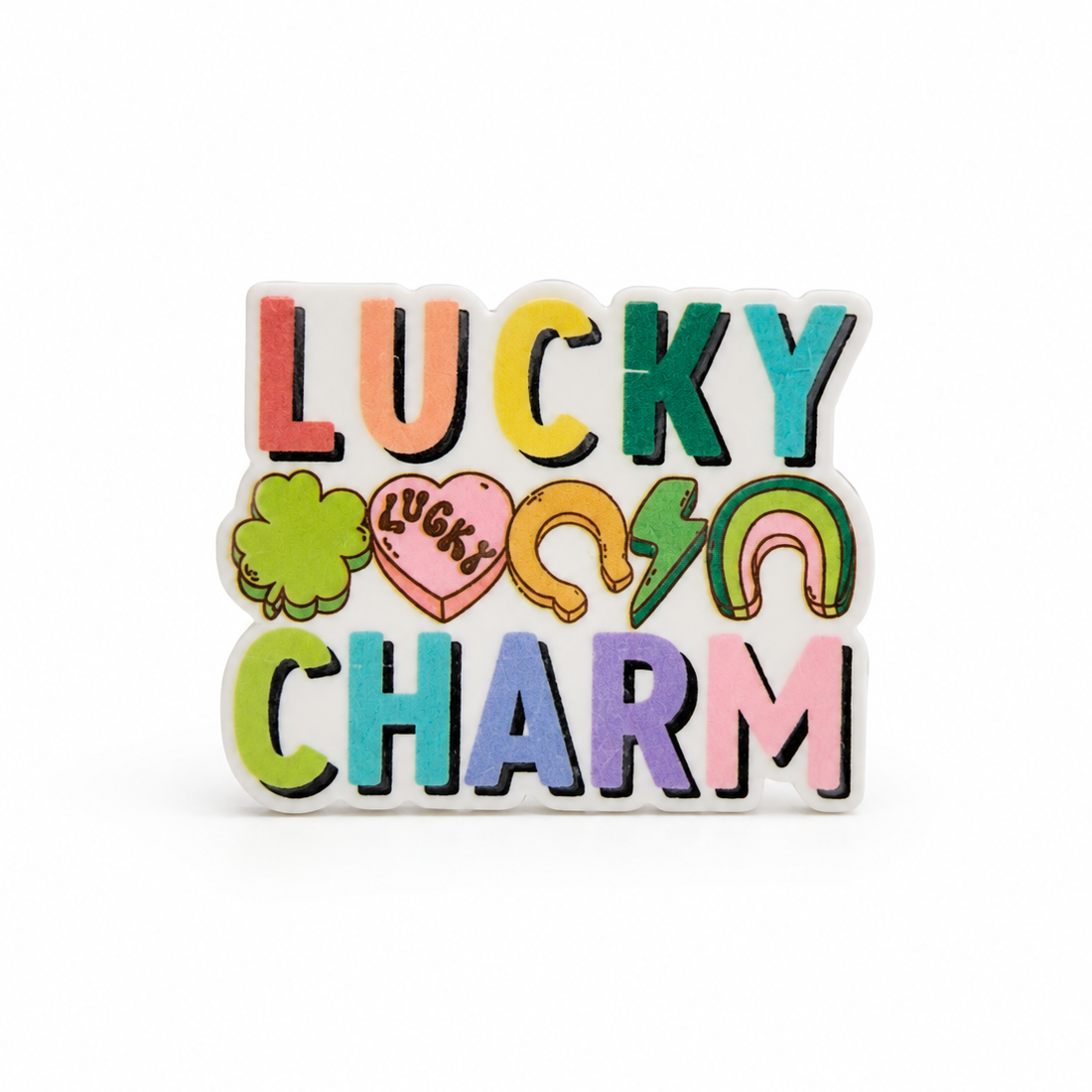 LUCKY CHARM St. Patrick’s Day gift plastic add-on with a LUCKY heart, shamrock, rainbows, and horseshoes, compatible with interchangeable badge reel bases.