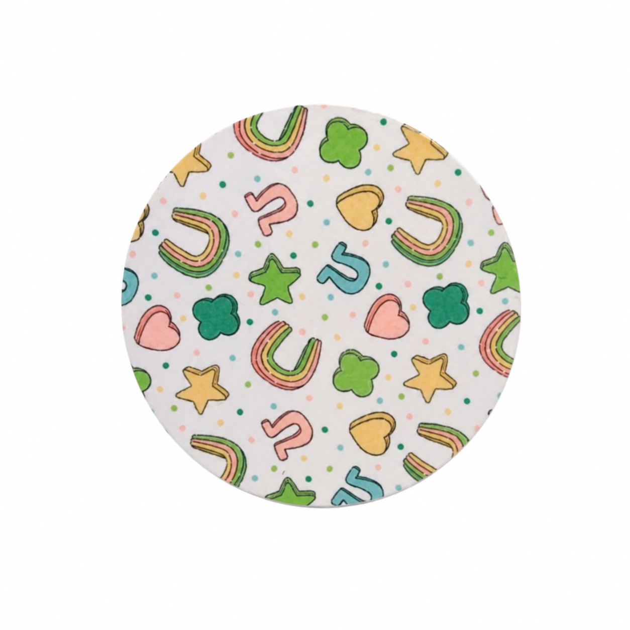 Lucky Charms hard board add-on featuring shamrocks, rainbows, hearts, stars, horseshoes, and lucky icons, compatible with interchangeable badge reel bases.