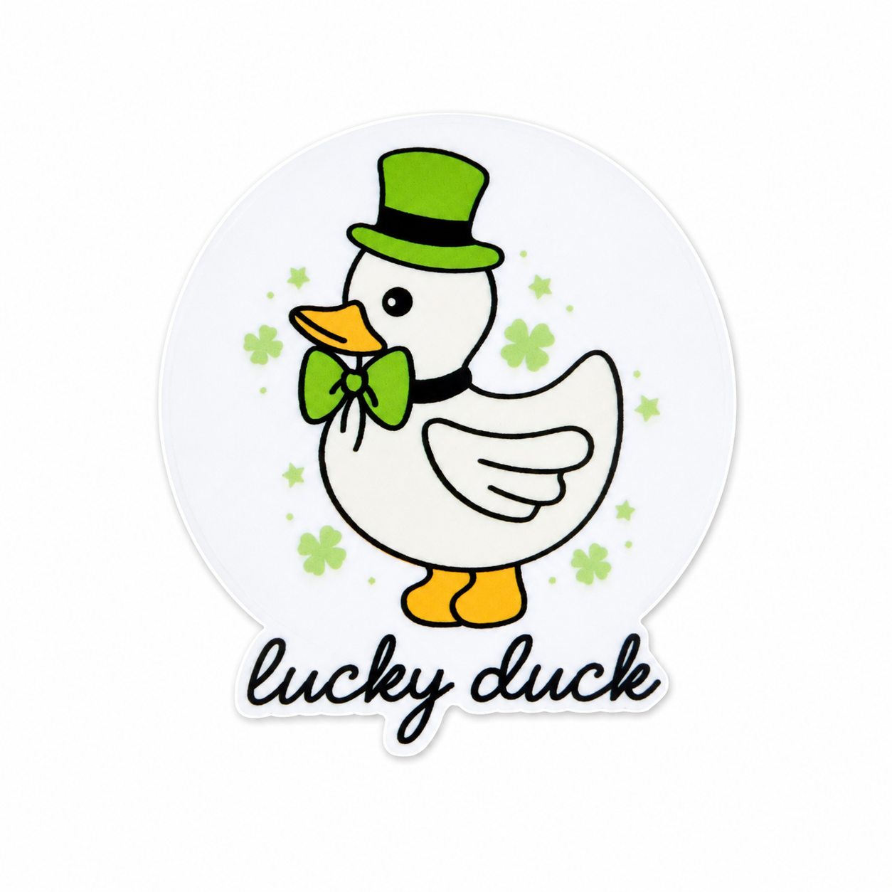 Lucky Duck plastic add-on featuring a white duck wearing a green hat and bow tie with shamrock accents, compatible with interchangeable badge reel bases and perfect as a cute nurse badge accessory